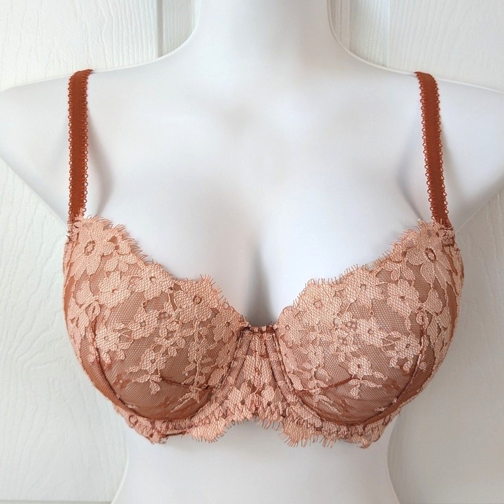VICTORIAS SECRET Dream Angels Lined Demi Lace Mesh Underwire Bra Orange Sz 34D‎